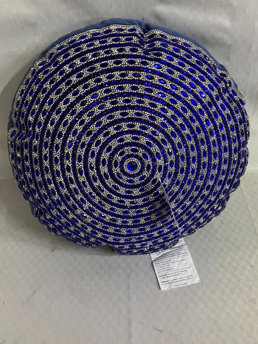 Sparkles Home Gatsby Round Pillow 15"X15" Blue Glass Rhinestones Matching Velvet